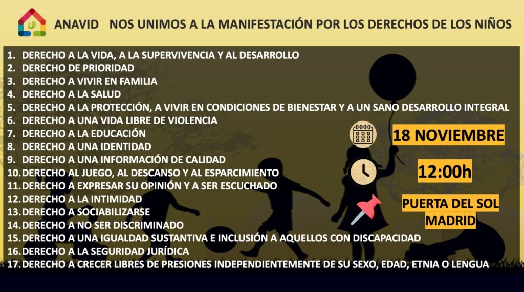 Manifestación Puerta del Sol, Madrid, 12h, por los Derechos de los Niños, 18 de noviembre 2023.