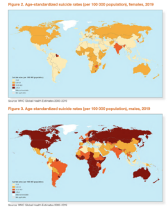 Gráfico suicidios por cada 100.000 habitantes hombres vs mujeres en el mundo por países, según OMS. 2019